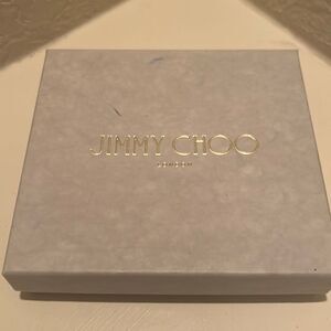 Jimmy Choo Small Square Box Light Gray Gold Lettering Luxury Storage Decor